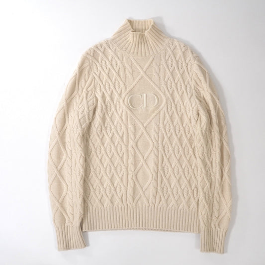 ディオール DIOR ピュアカシミヤ CDロゴ ハイネック ケーブル ニット セーター M アイボリー メンズ 正規品 6-OC023