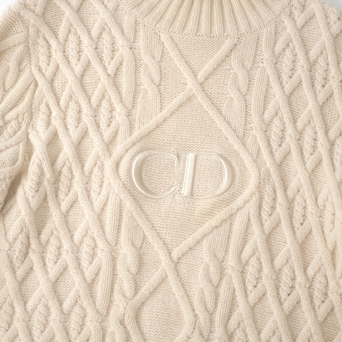 ディオール DIOR ピュアカシミヤ CDロゴ ハイネック ケーブル ニット セーター M アイボリー メンズ 正規品 6-OC023