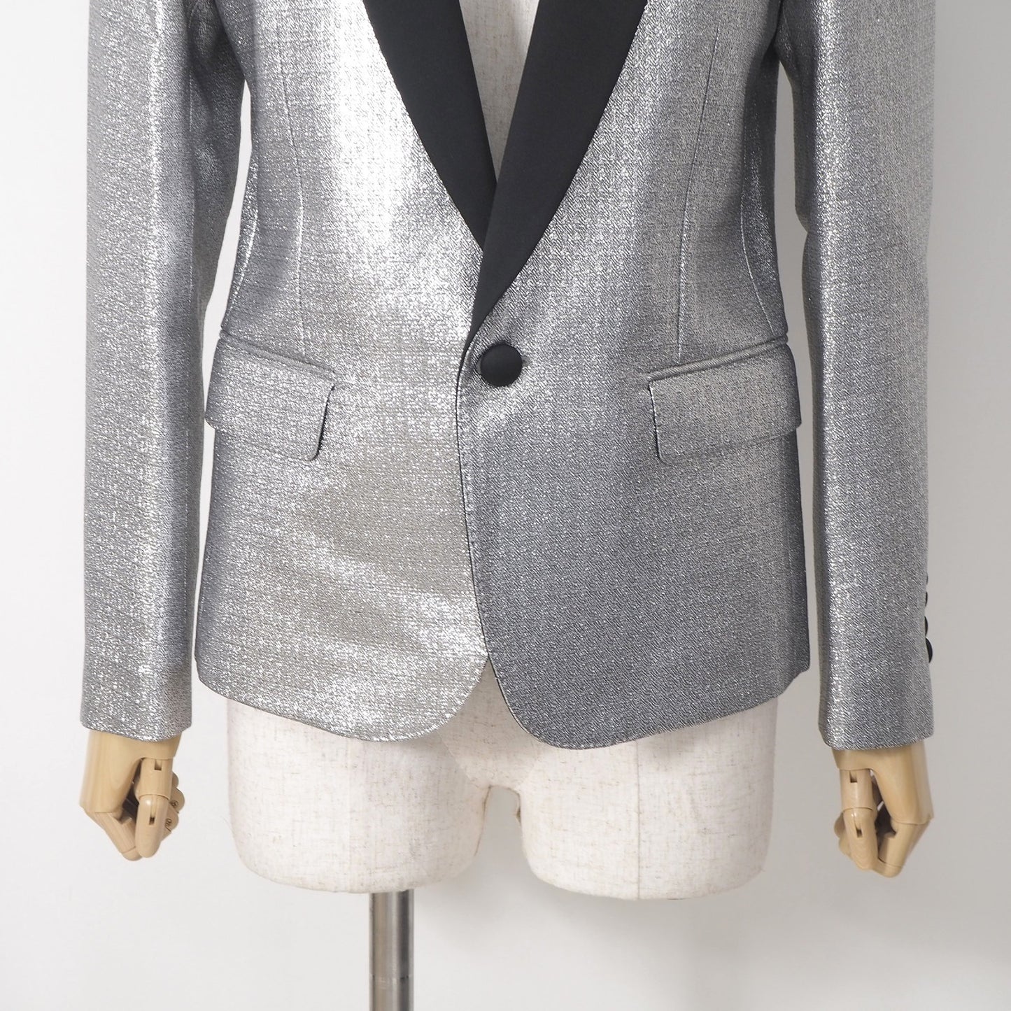 美品 セリーヌ CELINE エディ期 ショールカラー タキシード ジャケット 36 シルバー ブラック レディース 正規品 6-OC024