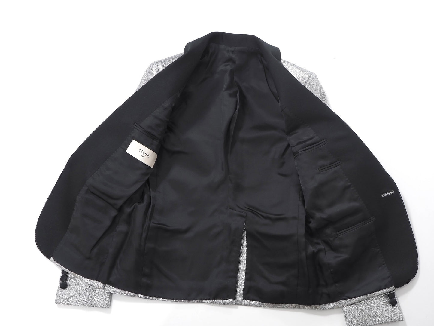 美品 セリーヌ CELINE エディ期 ショールカラー タキシード ジャケット 36 シルバー ブラック レディース 正規品 6-OC024