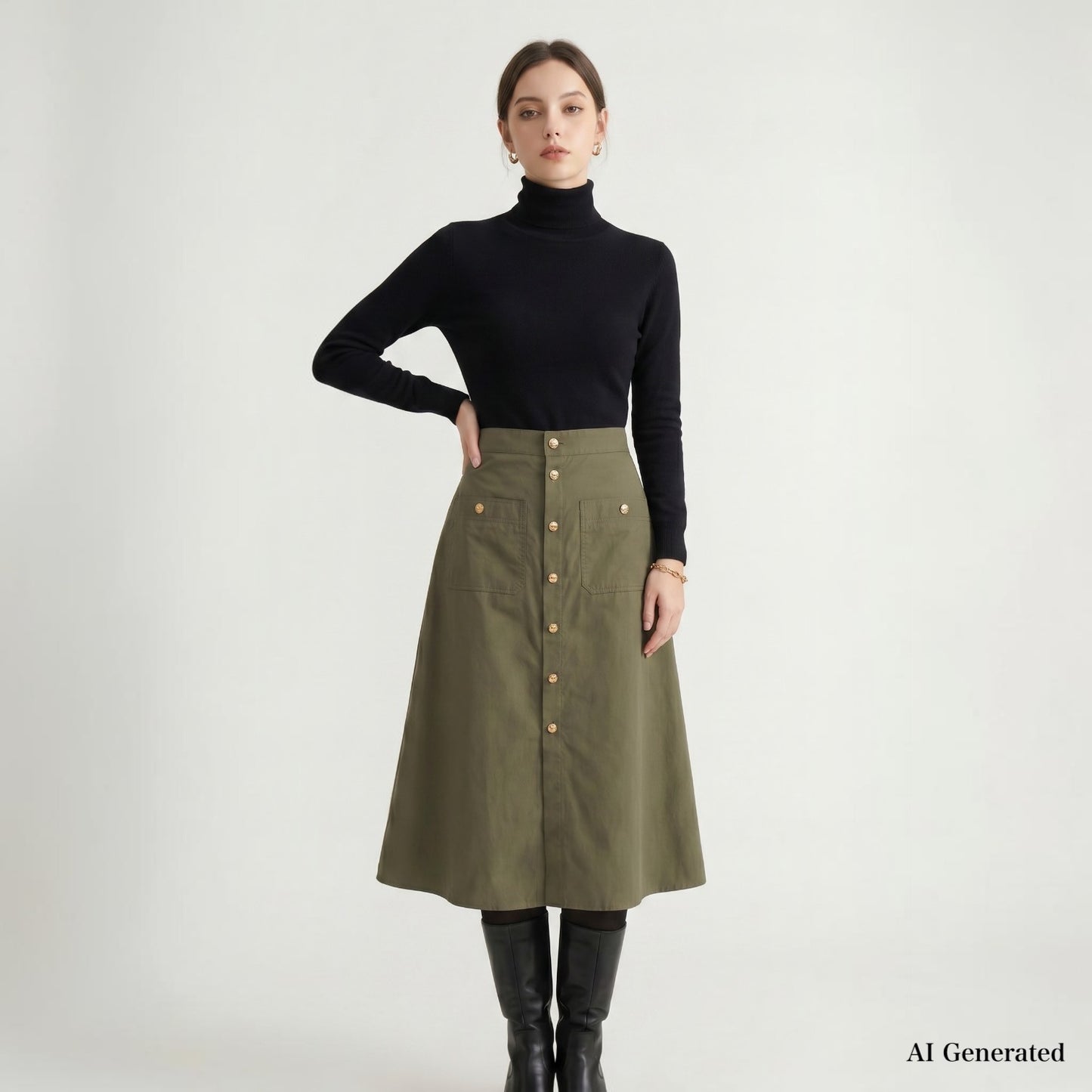 美品 セリーヌ CELINE コットン トリオンフボタン スカート 36 カーキ レディース 正規品 6-OD035