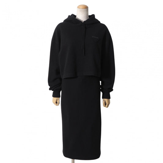 プラダ PRADA 21年製 トライアングルロゴ ウール カシミヤ セットアップ フーディ スカート 36/XS ブラック レディース 正規品 6-OD037