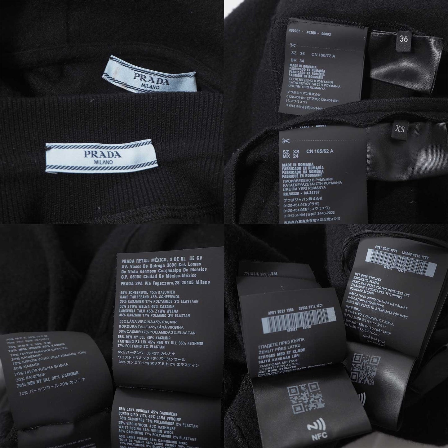 プラダ PRADA 21年製 トライアングルロゴ ウール カシミヤ セットアップ フーディ スカート 36/XS ブラック レディース 正規品 6-OD037
