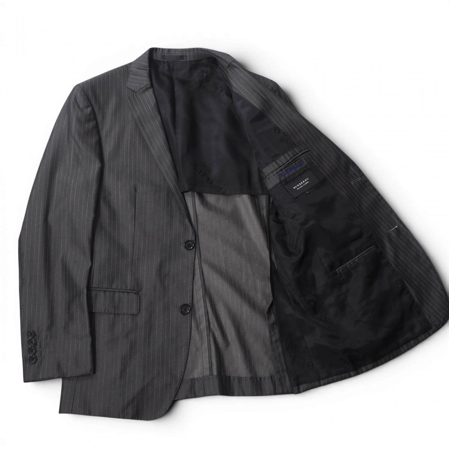 美品 バーバリー BURBERRY BLACK LABEL スーツ ジャケット パンツ S ダークグレー 光沢 メンズ 正規品 6-OE049