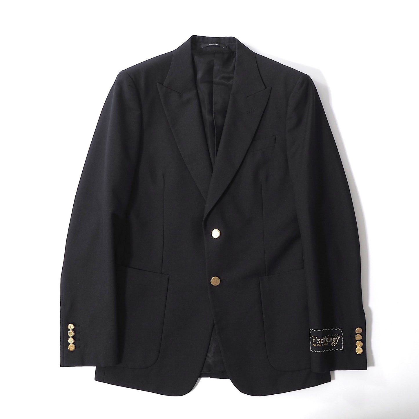 美品 グッチ GUCCI 金ボタン ピークドラペル ジャケット ブレザー 44 ブラック メンズ 正規品 6-YB028