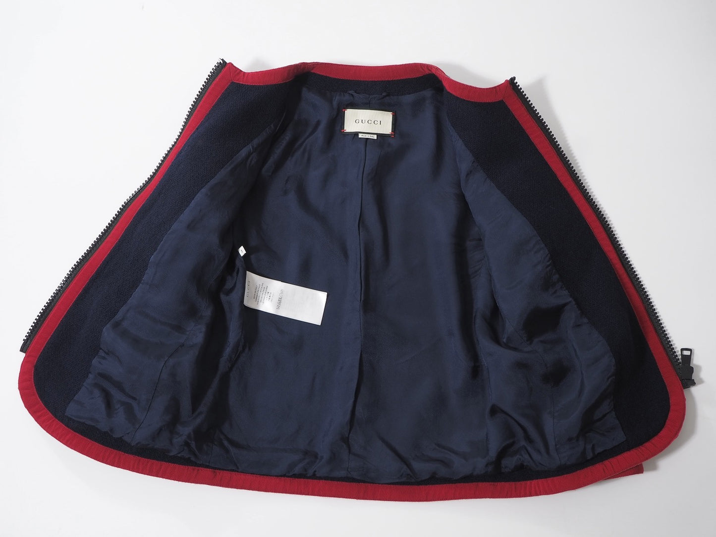 美品 グッチ GUCCI タイガーキャットボタン ジップアップ ノーカラー ジャケット 36 ネイビー レディース 正規品 6-YB030