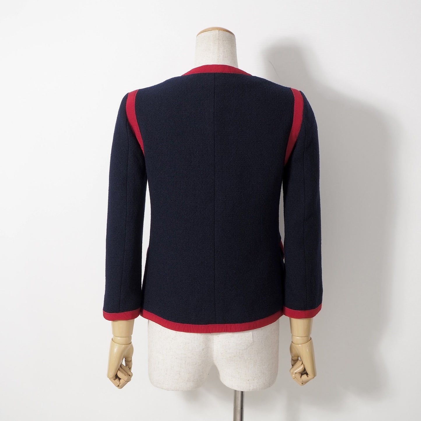 美品 グッチ GUCCI タイガーキャットボタン ジップアップ ノーカラー ジャケット 36 ネイビー レディース 正規品 6-YB030