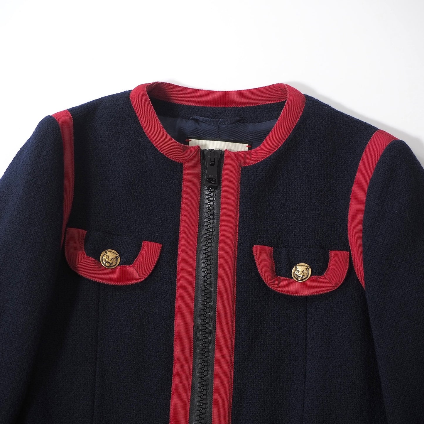美品 グッチ GUCCI タイガーキャットボタン ジップアップ ノーカラー ジャケット 36 ネイビー レディース 正規品 6-YB030
