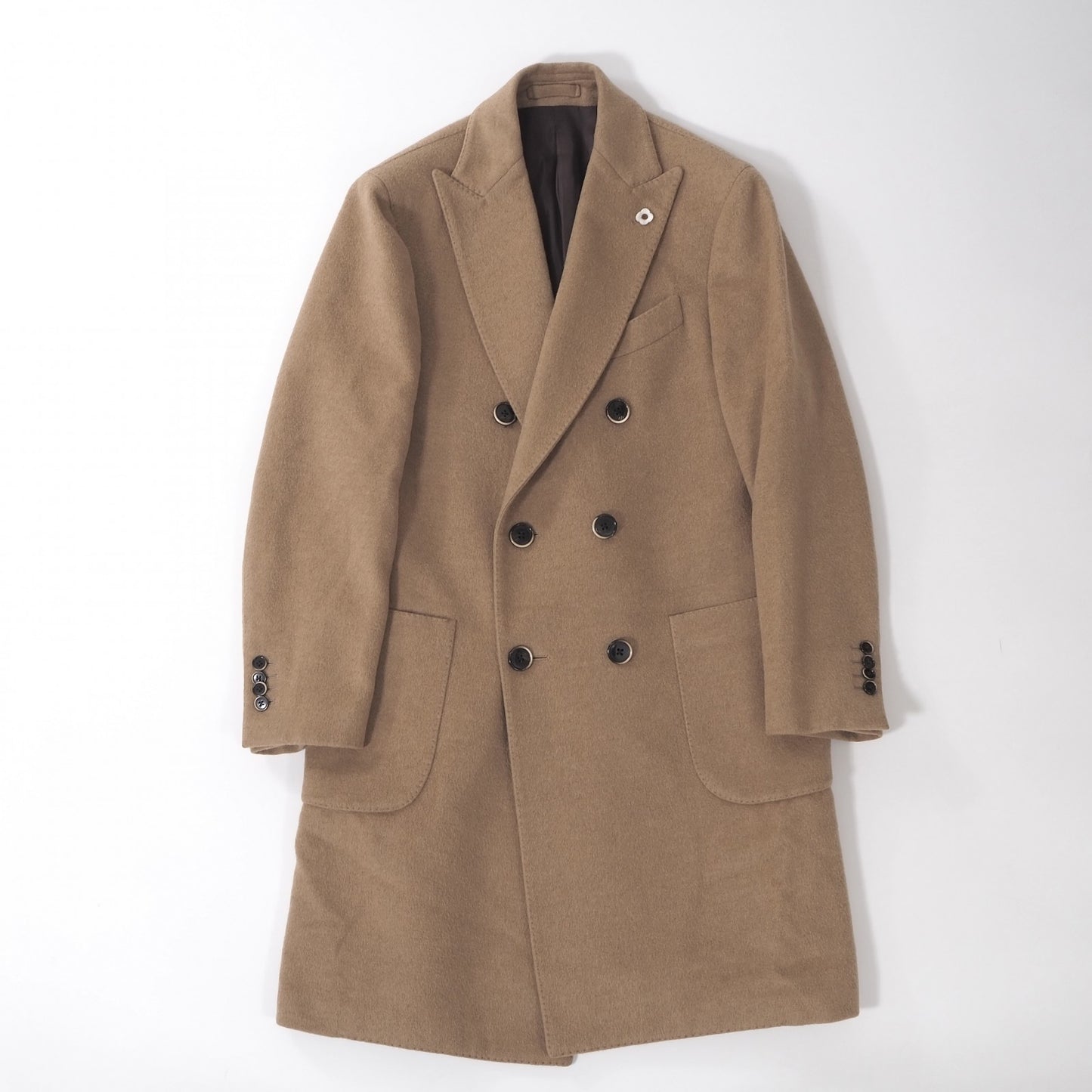 良品 ラルディーニ LARDINI イタリア製 ピュアキャメル ダブルブレスト チェスターコート 48 ベージュ ブートニエール付 メンズ 正規品 6-YB032