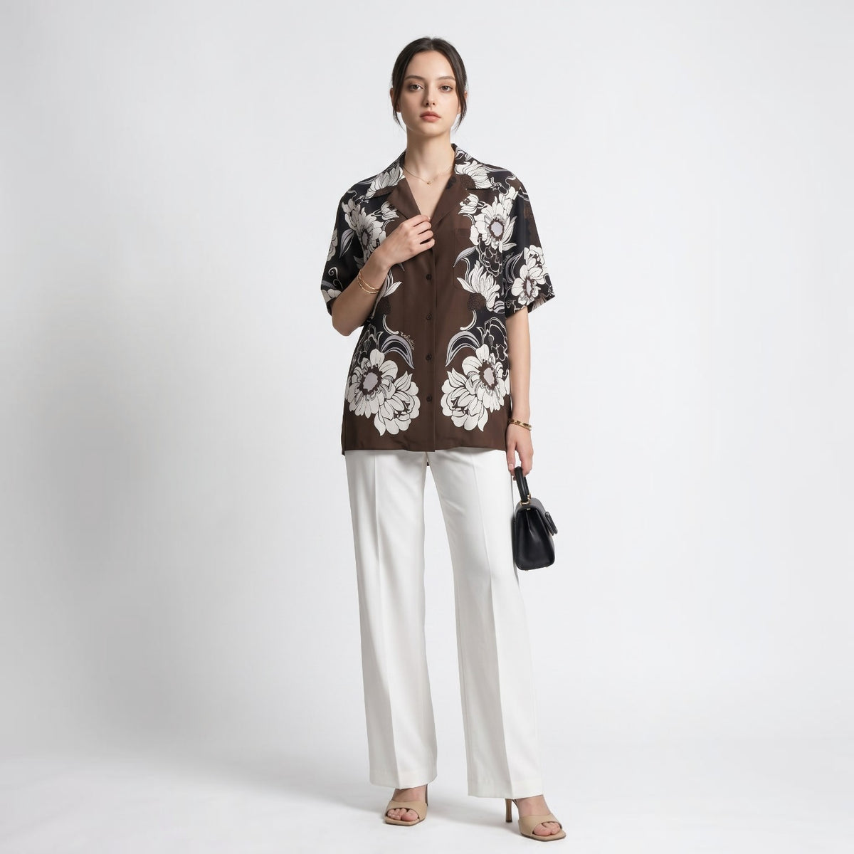 ヴァレンティノ VALENTINO 22SS シルク オープンカラー 半袖 シャツ 36 ブラウン 花柄 レディース 正規品 6-YD057