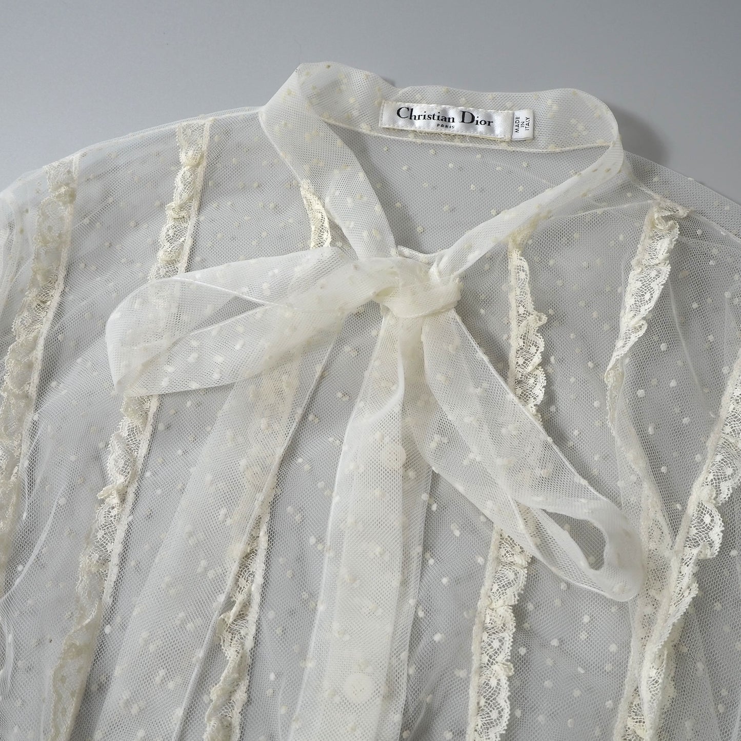 クリスチャンディオール Christian Dior Bee刺繍 フリル ボウタイ シアー ブラウス ドット 44 アイボリー レディース 正規品 6-YE074