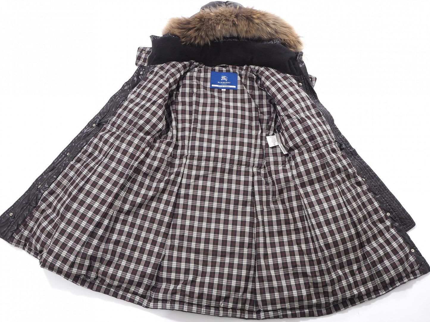 美品 バーバリー ブルーレーベル BURBERRY BLUE LABEL ラクーンファー ダウンコート 38 ブラック レディース 正規品 6-ZA012