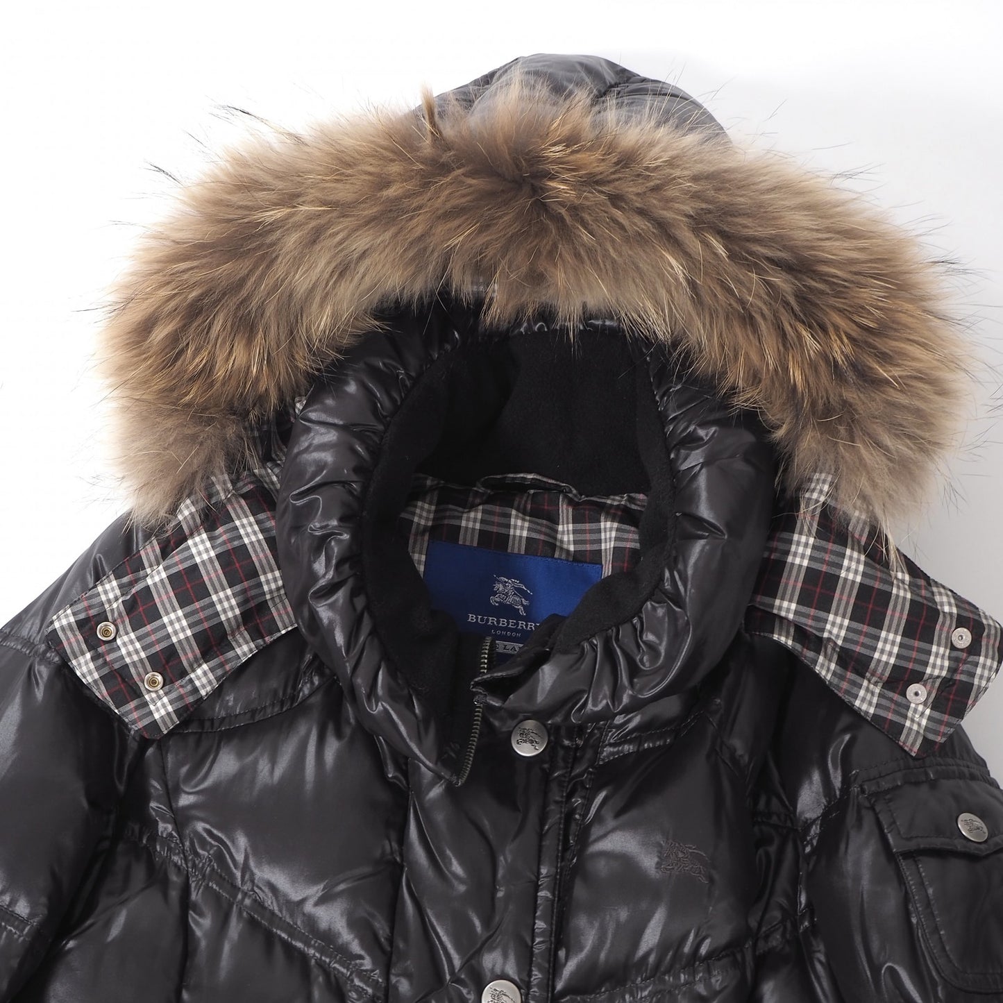 美品 バーバリー ブルーレーベル BURBERRY BLUE LABEL ラクーンファー ダウンコート 38 ブラック レディース 正規品 6-ZA012