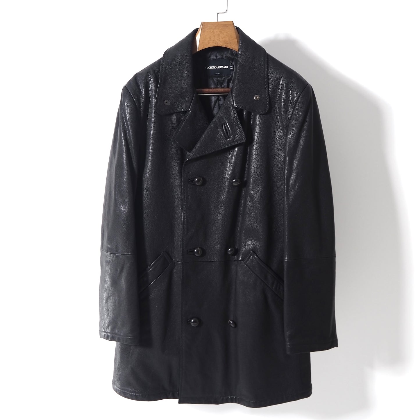 ジョルジオアルマーニ GIORGIO ARMANI 最高級 黒タグ ダブルブレスト レザーコート 50 ブラック メンズ 極美品 正規品 5-DA004