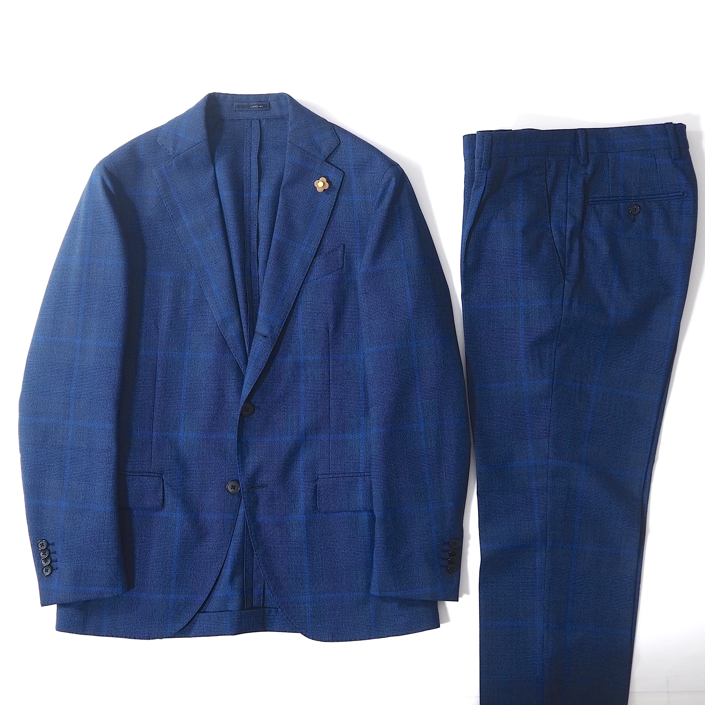 美品LARDINI ネイビー ウインドペン ウールスーツ ブートニエール44