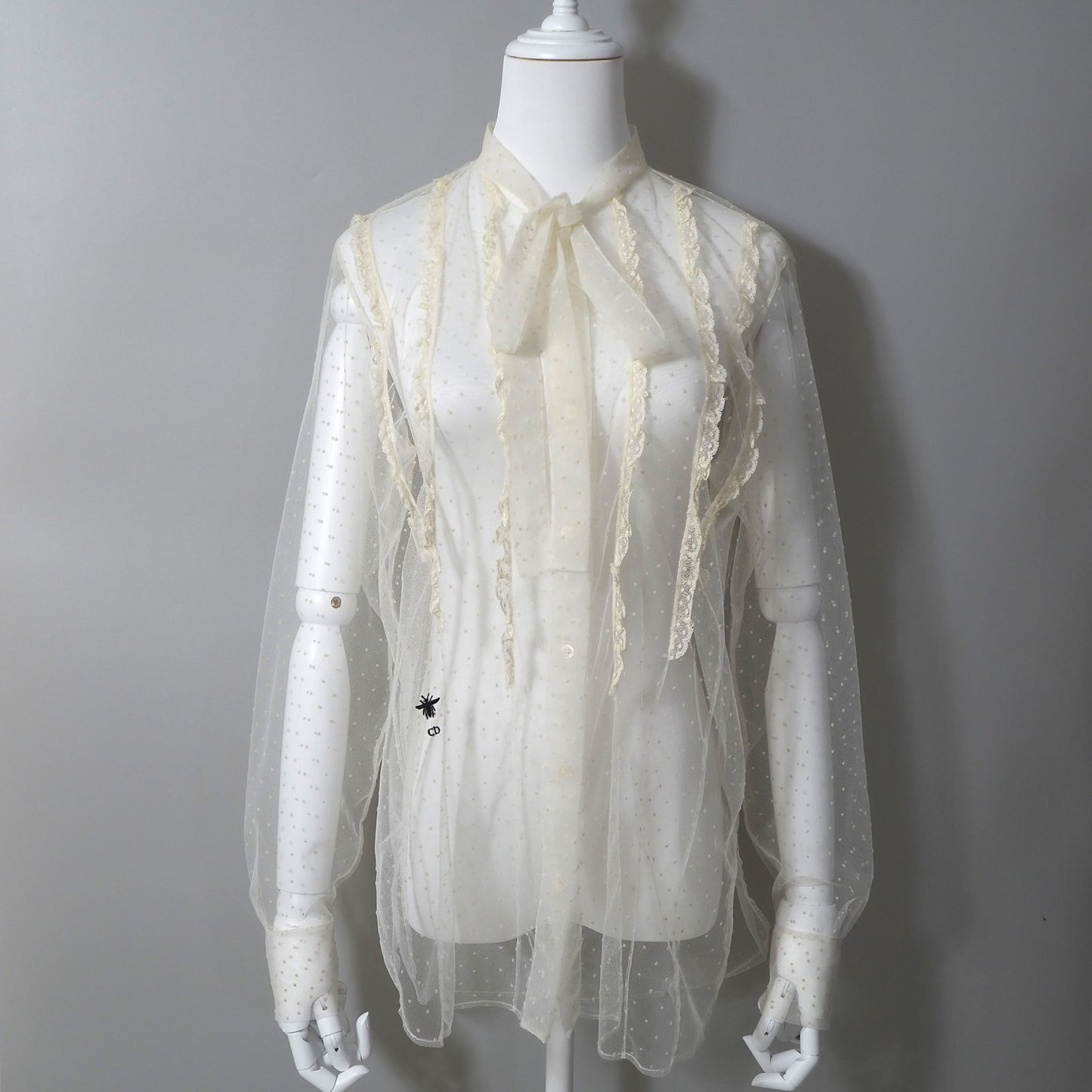 クリスチャンディオール Christian Dior Bee刺繍 フリル ボウタイ シアー ブラウス ドット 44 アイボリー レディース 正規品 6-YE074