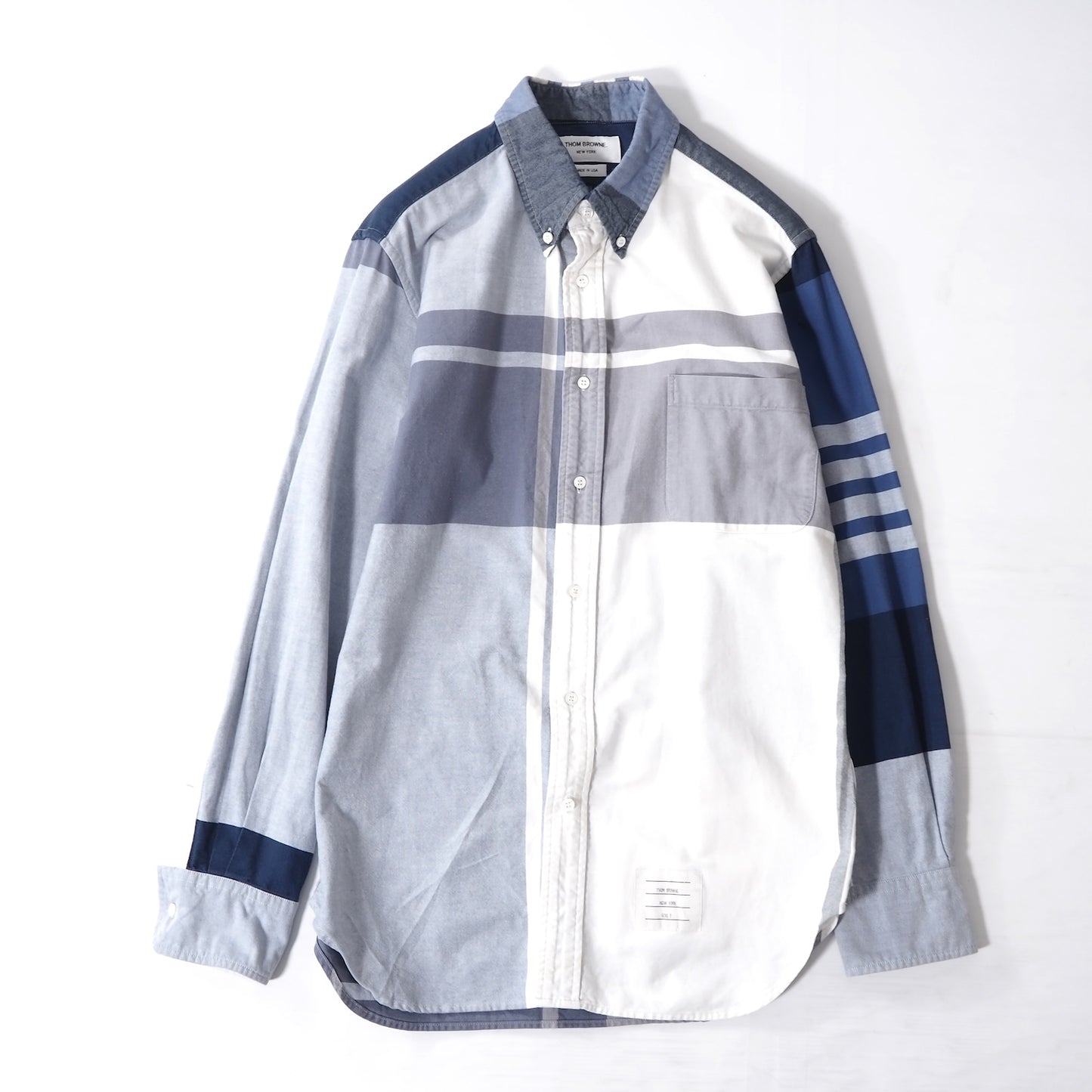 トムブラウン THOM BROWNE 4Bar コットン オックスフォード 長袖 チェック シャツ 3 ブルー メンズ 正規品 4-ZI016