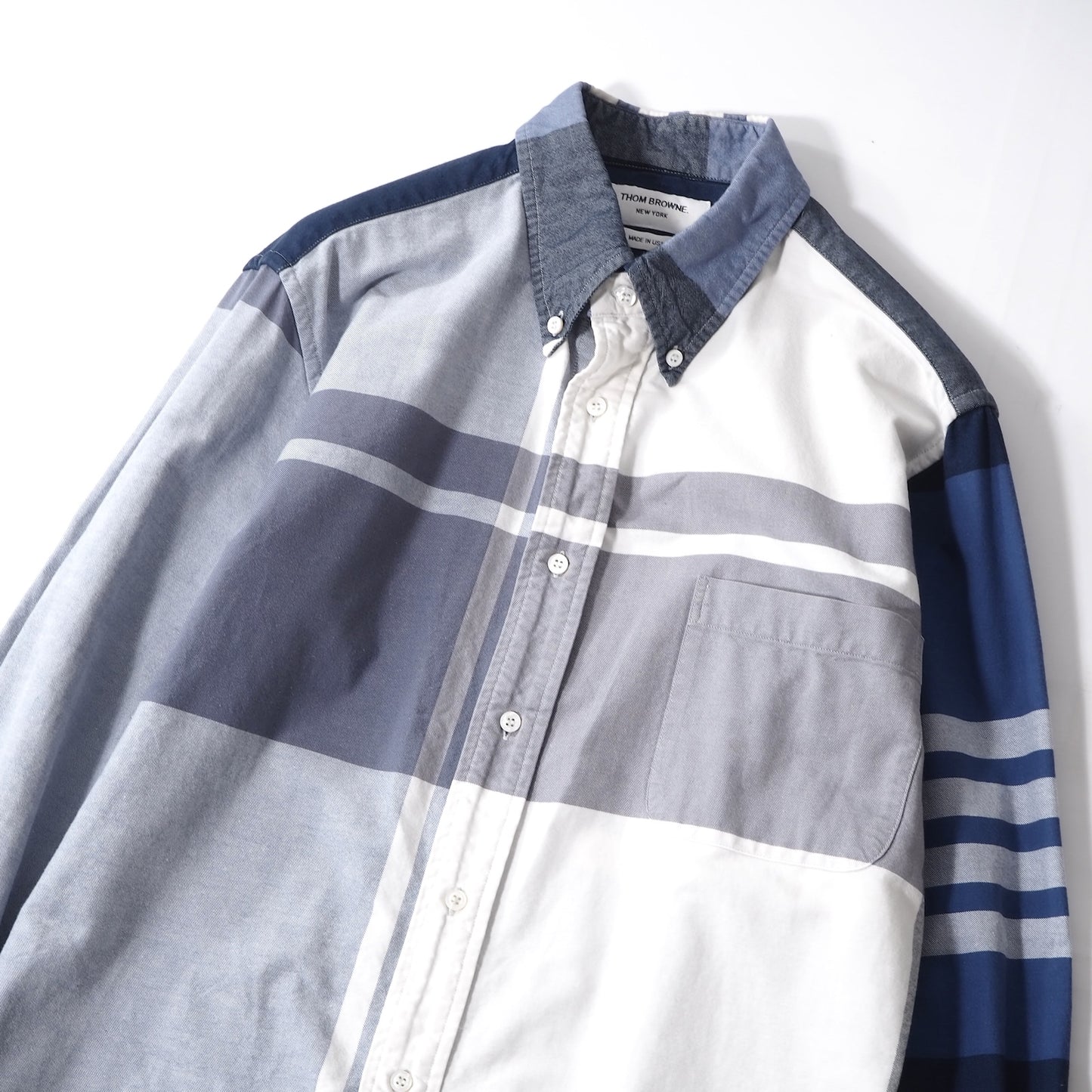 トムブラウン THOM BROWNE 4Bar コットン オックスフォード 長袖 チェック シャツ 3 ブルー メンズ 正規品 4-ZI016