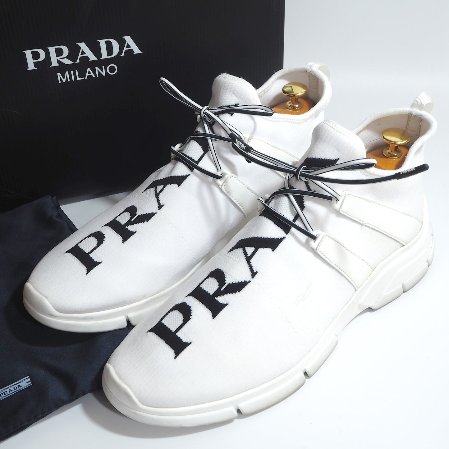 プラダ PRADA 現行 ニット ローカット スニーカー 9 27.5㎝相当 ホワイト メンズ 正規品 5-SB015