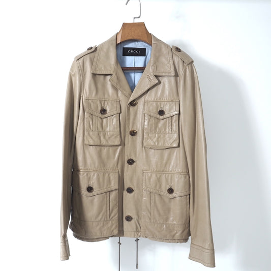 グッチ GUCCI トムフォード期 レザー サファリジャケット 46 ベージュ メンズ 正規品 5-DA003