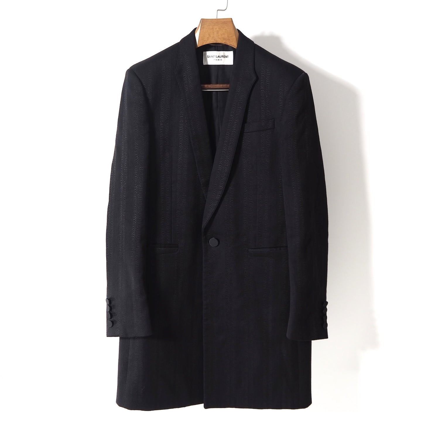 極美品 サンローランパリ SAINT LAURENT PARIS 21SS ウール シルク エンブロイダリー コート 50 ブラック メンズ 正規品 5-YD023