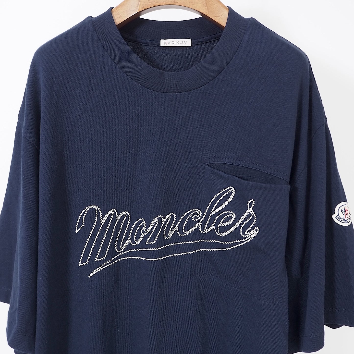 モンクレール MONCLER 23SS 国内正規品 ロゴ 刺繍 Tシャツカットソー XXL ネイビー メンズ 美品 4-YE039