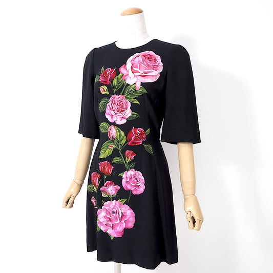 ドルチェ＆ガッバーナ DOLCE＆GABBANA ローズ柄  シルク ワンピース 36 ブラック 花柄 レディース 美品 4-YF011