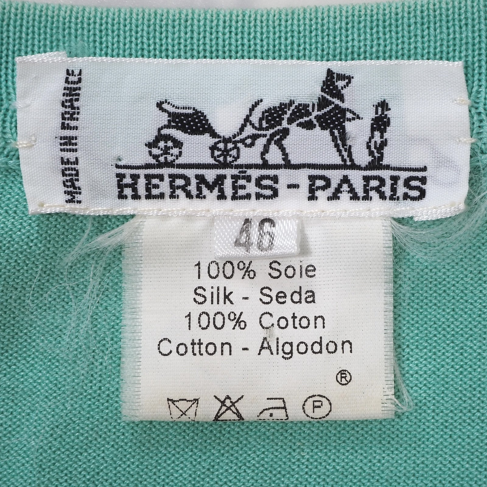 エルメス HERMES 金ボタン シルク 切り替え カーディガン 46 ライト