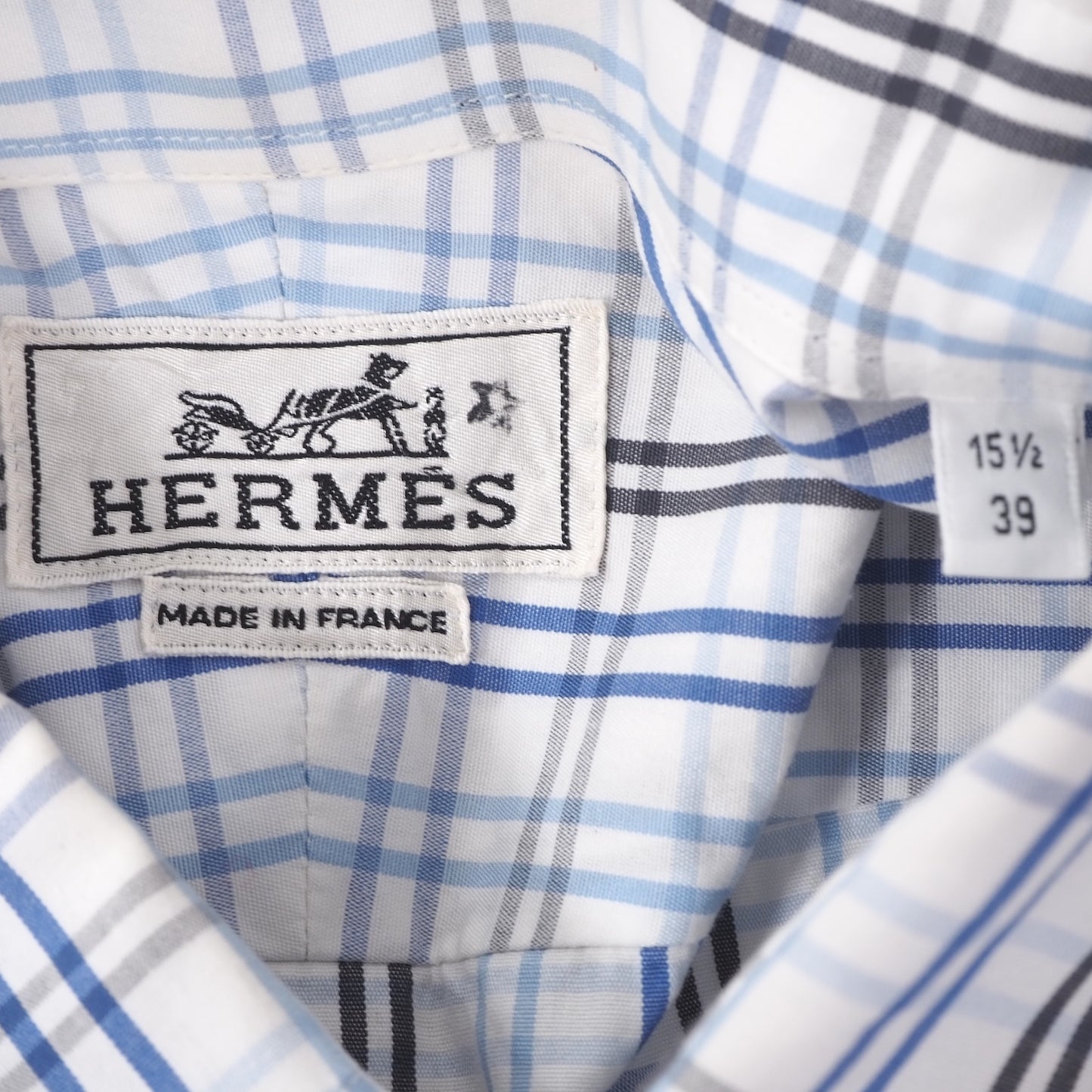 エルメス HERMES セリエボタン コットン 長袖 シャツ 39 L ライトブルー チェック メンズ 正規品 4-ZG022