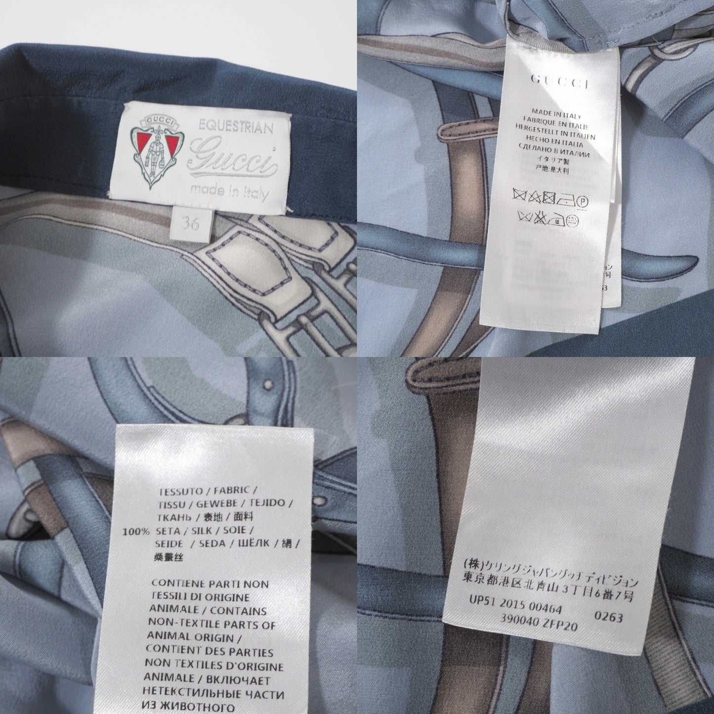 グッチ GUCCI ピュアシルク ドルマンスリーブ シャツ ブラウス 36 スカーフ柄 ブルー系 レディース 正規品 5-YG001